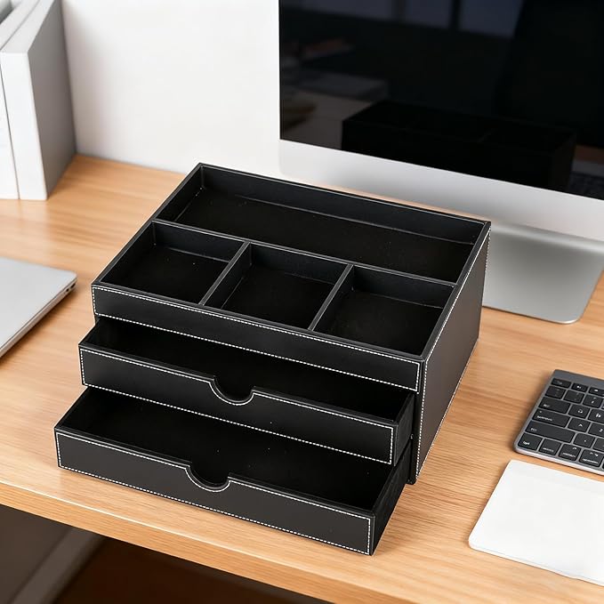 Household Multifunctional Desktop Storage Cabinet, Office file Cabinet Made of Leather, Drawers and Four Separate Organizers, Storage Box on the Bedside Table in the Room (black)