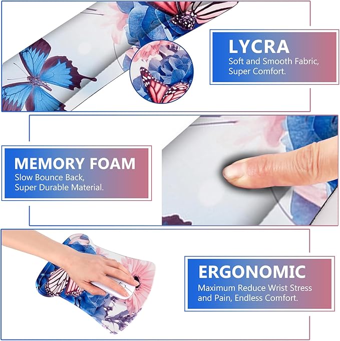 AIMSA Wrist Rest Support Mouse Pad Ergonomic, Memory Foam Keyboard Wrist Rest Set Non-Slip Easy Typing and Relieve Wrist Pain Mouse Mat for Computer Office -Butterfly Flower