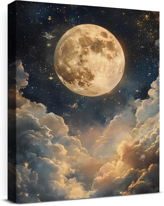 Aesthetic Celestial Moon Wall Art Decor Night Sky Moon Dark Academia Canvas Print Poster Framed Picture Painting for Home Living Room Bedroom Wall Decor 8x10 Inch