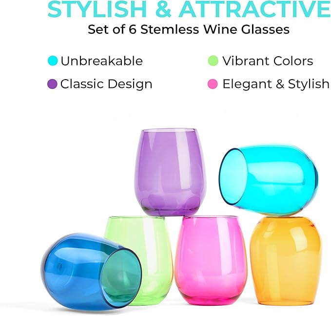Unbreakable Stemless Glasses – Colored Wine Glasses Set of 6 Plastic Drinking glasses Wine, Water – Acrylic Plastic Gifts for Birthday Women Party, Stylish Glasses for Parties & Everyday (Jewel)