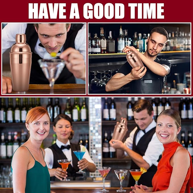 Nitial 6 Pcs Bar Cocktail Shaker Professional Stainless Steel Martini Drink Mixer Built-in Strainer for Bartending No Leaks Shaker for Bar Party Drink Mixer (Rose Gold,18.6 oz)