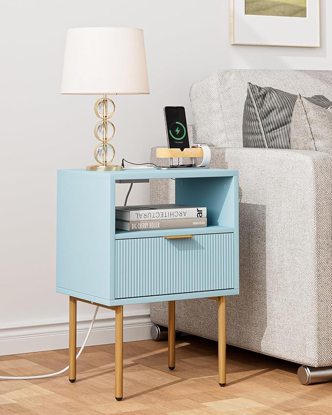 Masupu Nightstand with Charging Station,Mid-Century Modern Bedside Table with Storage Drawer and Open Wood Shelf,Small Gold Frame Side Table for Bedroom,Living Room (Blue)