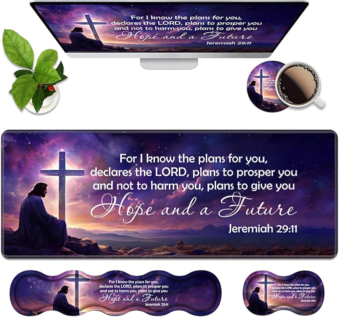 Ergonomic Memory Foam Mouse Pad Wrist Rest Set,Large Gaming Desk Pad + Keyboard Wrist Rest + Mouse Wrist Cushion + Coaster for Home Office Study Gaming,Christian Cross Quote Bible Verse Jeremiah 29:11