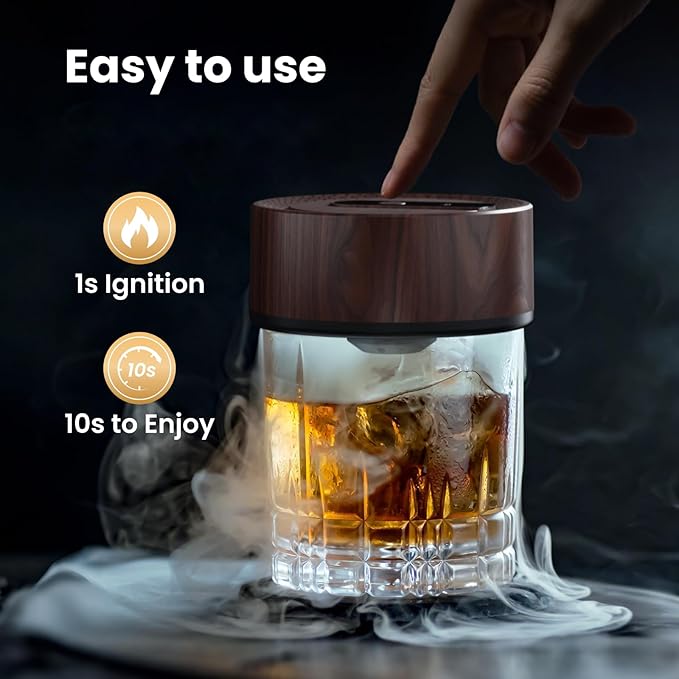 Electric Whiskey Smoker Kit with 8 Wood Chip Flavors – Rechargeable Whiskey Smoker Set with Built-in Ignition, Fuel-Free – For Men, Dad, Husband on Special Occasions – Wood Grain Design