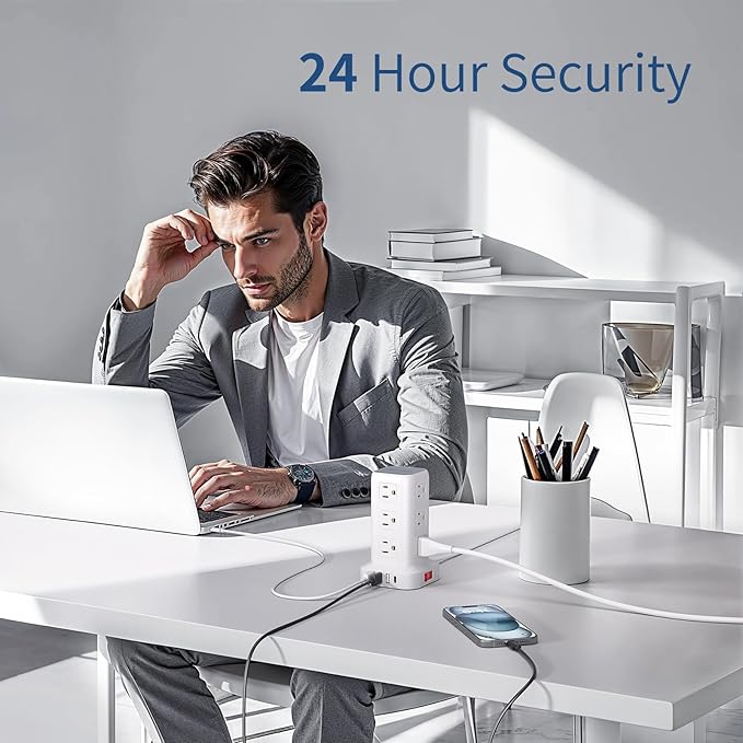 Surge Protector Power Strip 6.5 FT Cord, Power Strip Tower with 4 USB Ports (1USB C), Extension Cord with 12 AC Multiple Outlets, Home Office Supplies Desk Accessories, Dorm Room Essentials