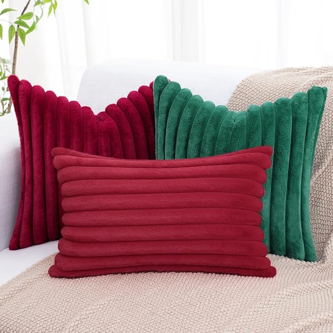 decorUhome Faux Fur Christmas Throw Pillow Covers 22x22 Set of 2, Decorative Soft Plush Striped Neutral Couch Euro Pillow Covers with Velvet Back for Sofa, Bed, Living Room Home Decor, Red