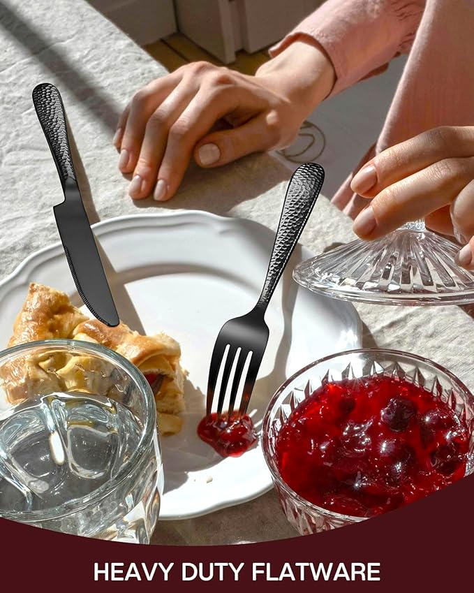 Hammered Black Silverware Set, EUIRIO 20-Piece Cutlery Set for 4, Heavy Duty Stainless Steel Flatware Set, Food-Grade Utensil Sets Includes Spoons Forks and Knives, Mirror Finish Dishwasher Safe