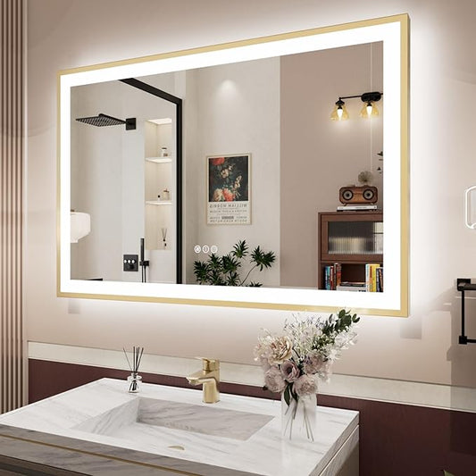 48x32 LED Mirror for Bathroom with Gold Frame, Backlit and Front Lighted Bathroom Mirrors for Wall, Stepless Dimmable Vanity Mirror with Lights, Anti-Fog, Memory,Shatterproof