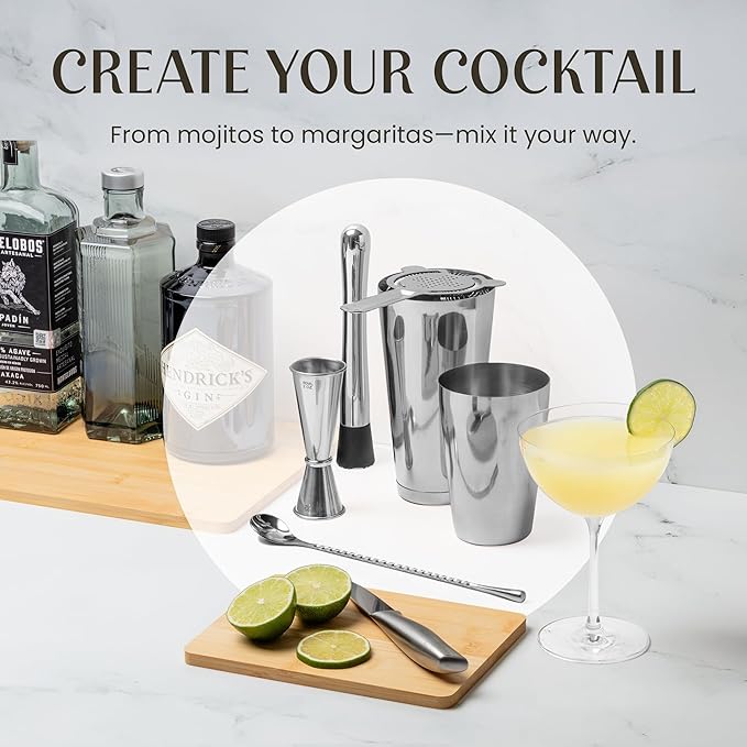Mixology & Craft Cocktail Shaker Set - 11-Piece Bar Accessories Kit w/Weighted Boston Shaker, Strainer, Jigger, Muddler and More - Home Bartending Tools, Accessories for Bartender, Silver﻿