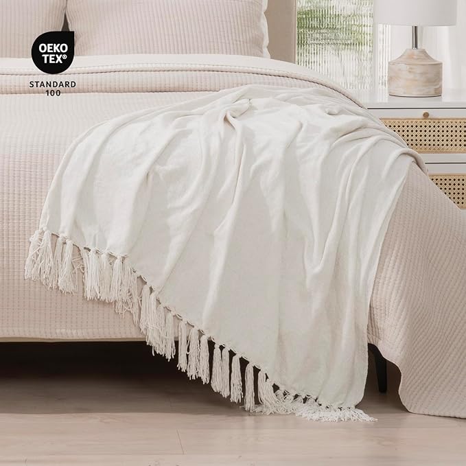 RECYCO Throw Blanket Soft Cozy Chenille Throw Blanket with Fringe Tassel for Couch Sofa Chair Bed Living Room Gift (Ivory White, 50" x 60")