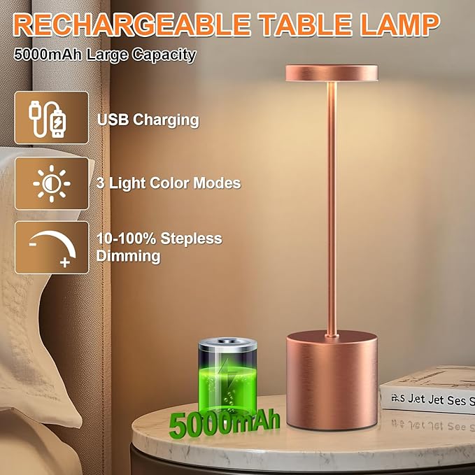 Cordless Table Lamp – 2 Pack Rechargeable Table Lamps, 5000mAh Battery Operated Lamp with 3-Color Dimmable Light, Outdoor Table Lamp for Bedroom, Restaurant, Patio, Home Décor (Rose Gold)