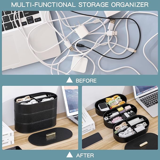 Yesesion Large Cord Storage Organizer with Lid, Plastic Cable Box with 20pcs Wire Ties for Desk Drawer, Home Office Supplies, Electronics, Clips, Clamps, Pens, Phone Chargers, Art Craft (Black)