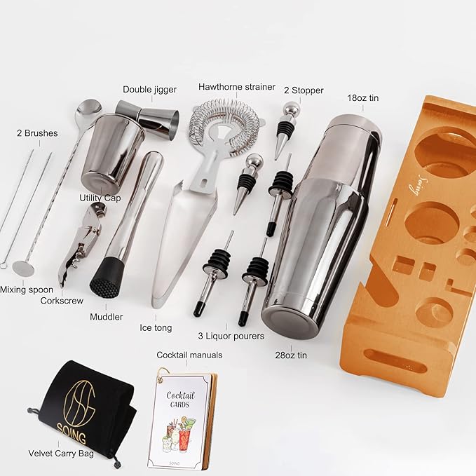 SOING Mixology 24-Piece Bartender Kit,Perfect Home Cocktail Shaker Set for Drink Mixing,Stainless Steel Bar Tools with Stand,Velvet Carry Bag & Recipes Cards Included