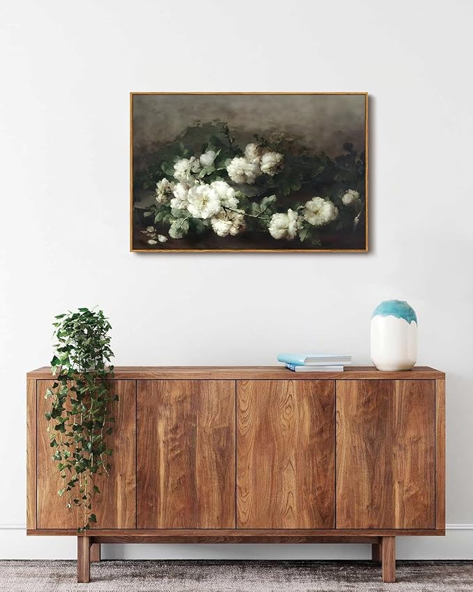 KISSFOX Framed Vintage Floral Wall Art White Flower Botanical Painting Canvas Prints Retro Rustic Farmhouse Pictures Cottagecore Aesthetic Office Decor Bedroom Bathroom Living Room