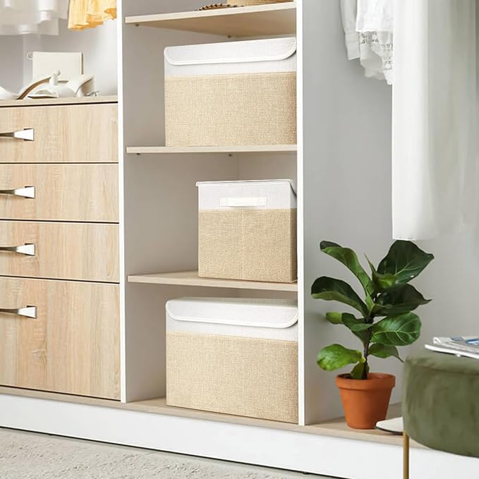Large 22 Quart Linen Fabric Foldable Storage Bin Cube Organizer Basket with Flip-Top Lid & Handles, Clothes Blanket Box for Home, Office, Closet, Beige & White, 4 Pack 14.6 x 9.5 x 9.5”