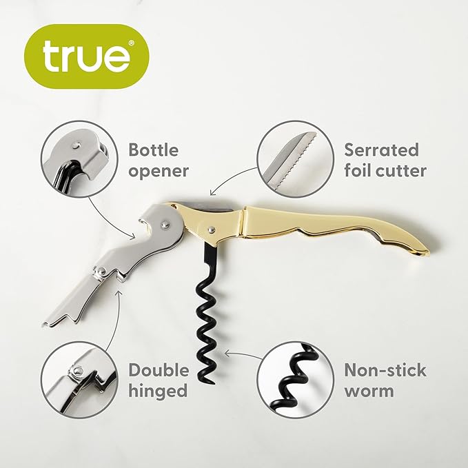 True Truetap Double Hinged Waiter's Corkscrew Wine Opener, Stainless Steel Wine Bottle Opener with Built In Foil Cutter, Home Bar Tools, Bar Cart Accessories, Wedding Gifts, Set of 1, Gold