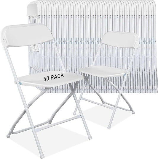 50 Pack Plastic White Folding Chairs with 350-LBS Capacity, Lightweight Portable Indoor Outdoor Chairs, Stackable Commercial Seat with Steel Frame for Office, Party, Graduations, Kitchen