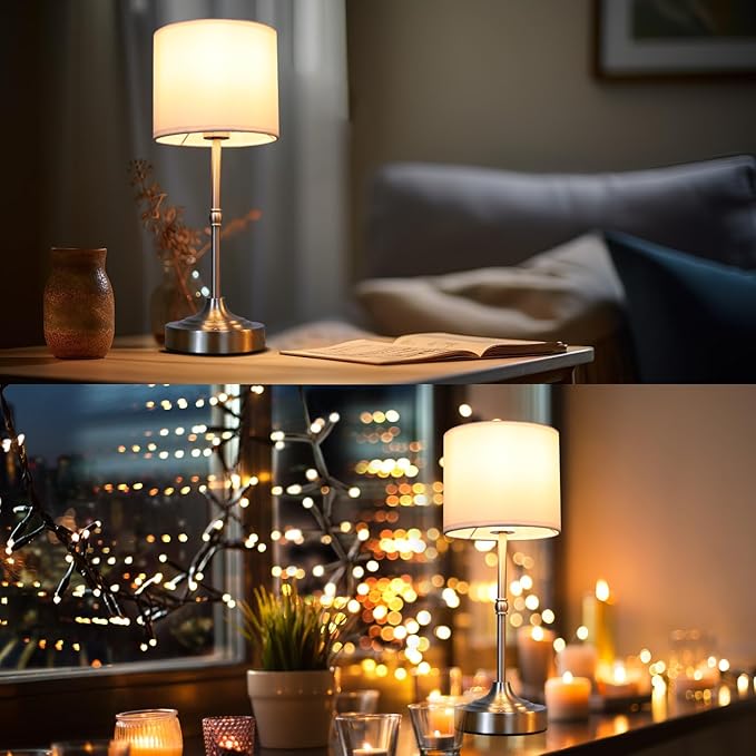 Rechargeable Battery Powered Table Lamp, Wireless LED Lamps, Cordless Touch Lamps, Stepless Dimmable Bedside Lamps, Night Lamp for Bedroom, Dinning Room, Kitchen Decor, Office (Silver)