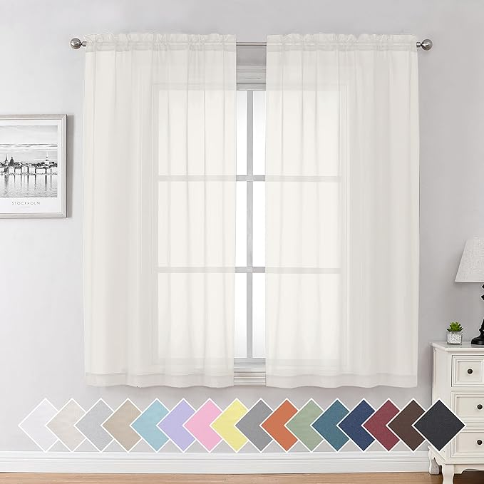 Aiyufeng Ivory Kitchen Sheer Curtains 63 inch Length 2 Panels, Rod Pocket Light Weight Soft Curtain Sheers, Voile Sheer Drapes for Basement Kitchen or Small Window Curtains, Each is 40W x 63L