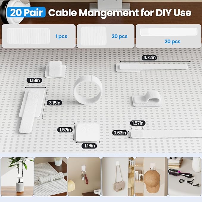 Cable Management Under Desk, 【Up to 15 Cord】【Enhanced Wire Holder】 Reusable Cord Organizer Holder, Adjustable Hook and Loop Cable Ties, Wire Clips Under Table Hider, 20 Pair(White)