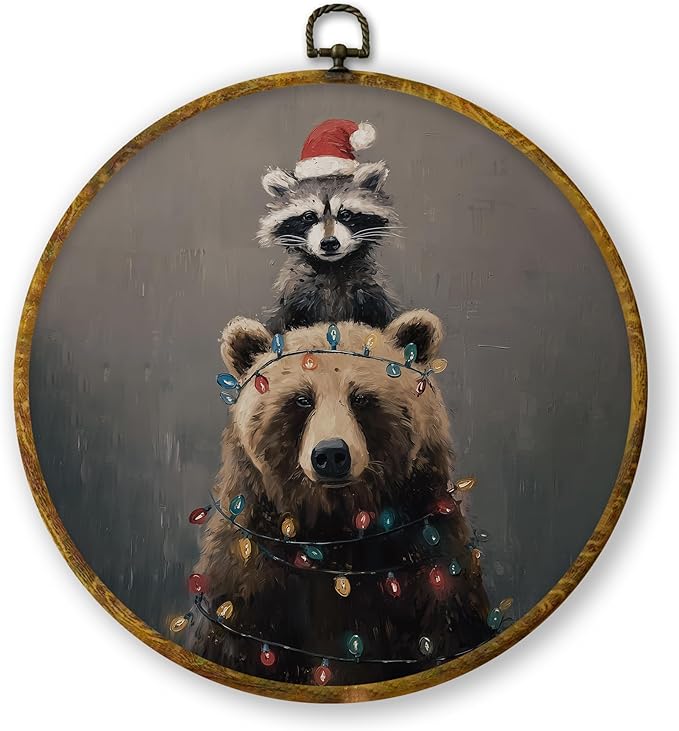 QZQE Christmas Raccoon Bear Round Wall Art Decor Framed, Christmas Holiday Circle Canvas Prints, Rustic Winter Xmas Animals Circular Wall Hanging Decor for Home Bedroom Nursery Room, 10x10 Inch