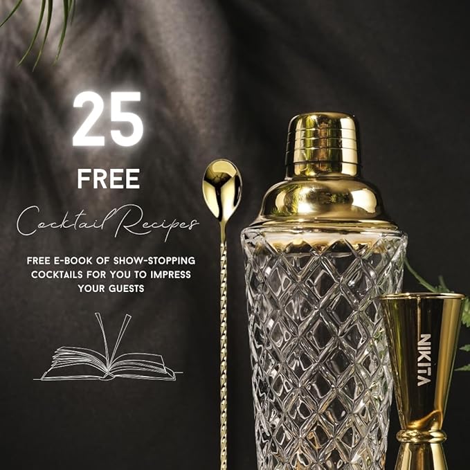 Gold Cocktail Shaker Glass Set - 5 Piece Martini Shaker Set with Strainer, Jigger, Spoon & Muddler - 16oz Crystal Shaker - Ideal Gift for Home Bar & Drink Trolley Décor