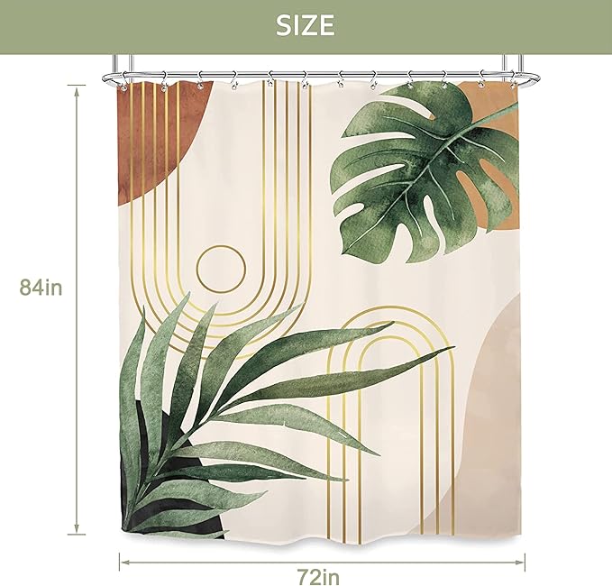 Glawry Abstract Extra Long Shower Curtain 72Wx84L Inches Tropical Leaf Mid Century Modern Geometric Contemporary Boho Bathroom Plant Botanical Bath Accessories Art Home Decor Fabric 12 Pack Hooks