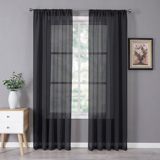 Tollpiz Sheer Curtains Bedroom Linen Textured Curtain Sheers Light Filtering Voile Rod Pocket Curtains for Living Room, 38 x 84 inches Long, Black, Set of 2 Panels