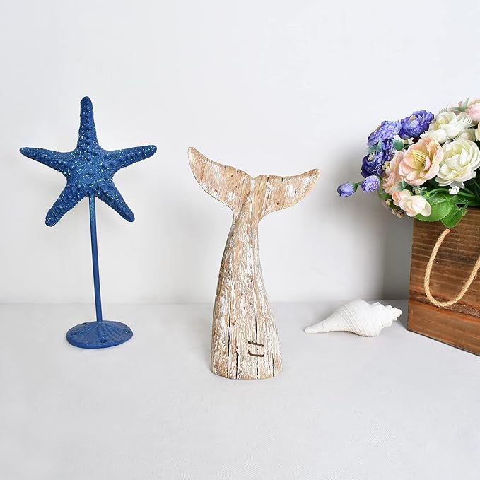 Aecipl Nautical Home Decor Wood Whale Tail Tabletop Statue Decorative Rustic Sculpture Ocean Beach Coastal Themed Figurine Whale Ornament Bathroom Shelf Decoration (8.5" H)