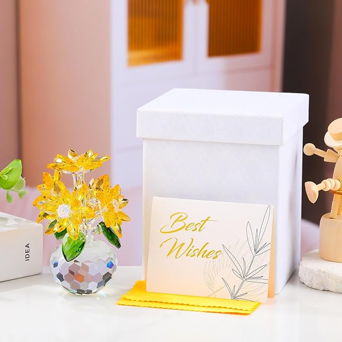 Enjinkail Handmade Crystal Daisy Figurine - Yellow Glass Flowers Gifts for Women, Elegant Home Decor & Table Centerpiece