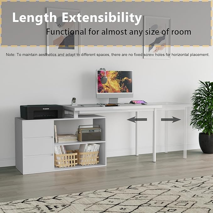 L Shape Computer Desk with 3 Drawers and 2 Shelves, Home Office Desk Corner Small Desk with Storage Cabinet for Writing Study Executive – White