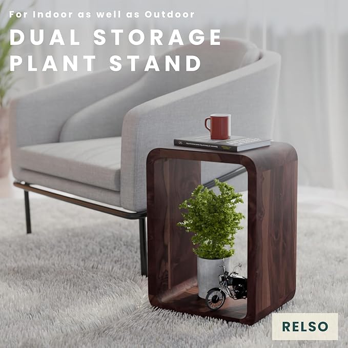 Relso Aurora End Table Solid Sheesham Wood Nightstand with Open Shelf Storage, Walnut Finish Bedside Table, Side Table for Bedroom, Living Room, Entryway, Small Spaces, Accent Bookshelf