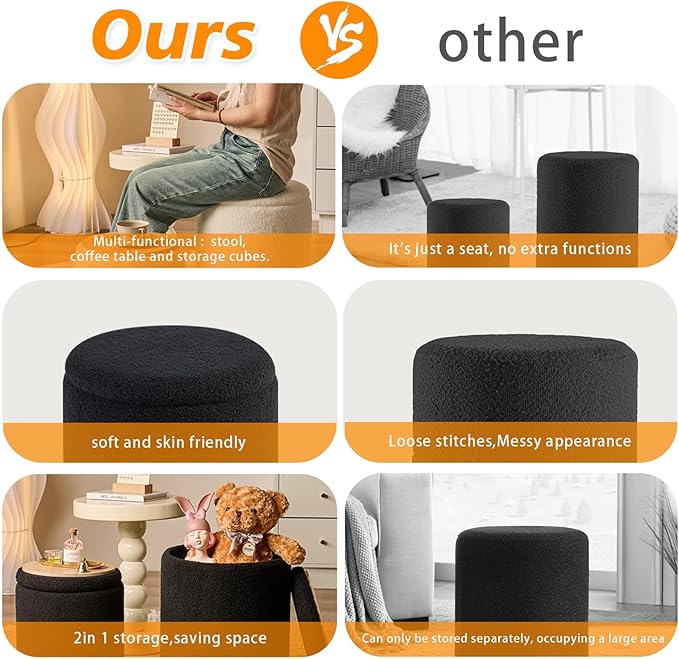 Round Ottoman with Storage Set of 2-Upholstered Sherpa Vanity Stool for Makeup Multifunctional Ottomans Coffee Table Padded Seat Foot Rest for Living Room&Bedroom(Sherpa, Black)