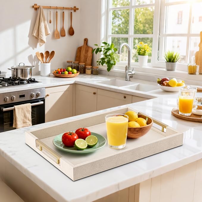 Beige Faux Leather Serving Tray with Handles – Large Decorative Tray for Coffee Table, Ottoman, Living Room, Bathroom – Home Decor