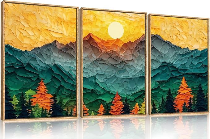 Abstract Mountain Framed Canvas Wall Art Set, Forest Pine Tree Golden Sunset Wall Decor, Mixed Patchwork Landscape Art Print for Living Room, Bedroom, Dining Room, Office - 24"x36"x3