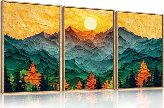 Abstract Mountain Framed Canvas Wall Art Set, Forest Pine Tree Golden Sunset Wall Decor, Mixed Patchwork Landscape Art Print for Living Room, Bedroom, Dining Room, Office - 24"x36"x3