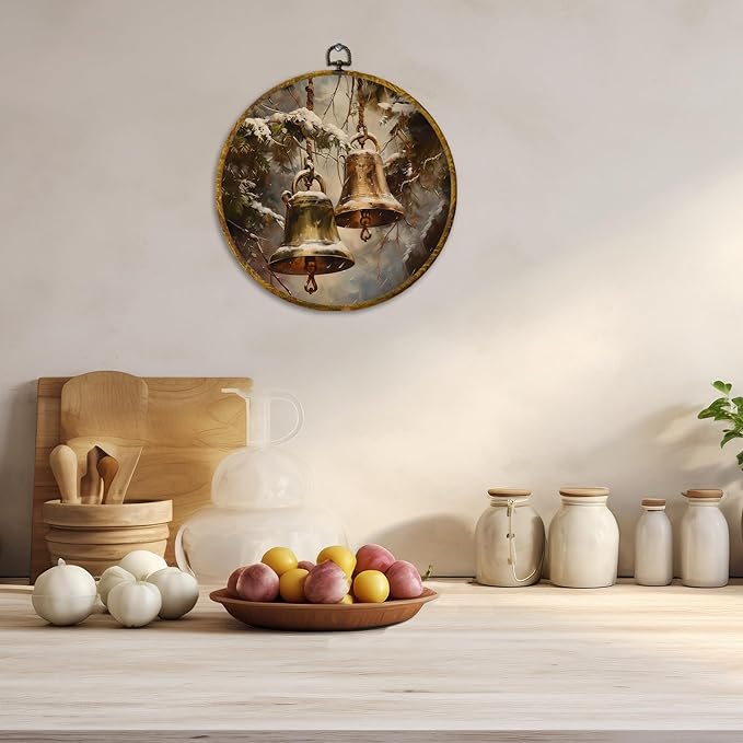 CUANFDDSF Vintage Winter Bells Round Wall Art Decor, Rustic Christmas Xmas Golden Bells Holiday Wall Hanging Frame Decor, Elegant Christmas Canvas Prints Decorations for Home Bedroom, 10x10 Inch