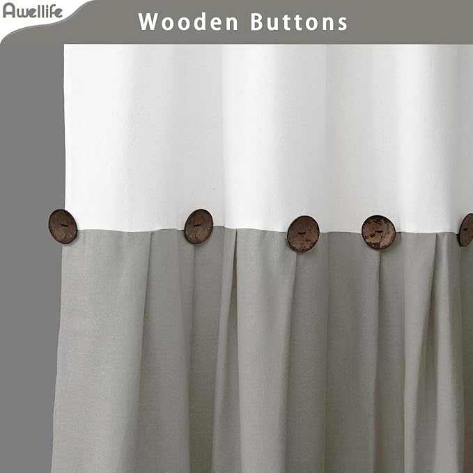 Awellife Farmhouse White Shower Curtain Button Linen Textured Woven Fabric,Country Style (White & Grey, 72" W x 72" L)