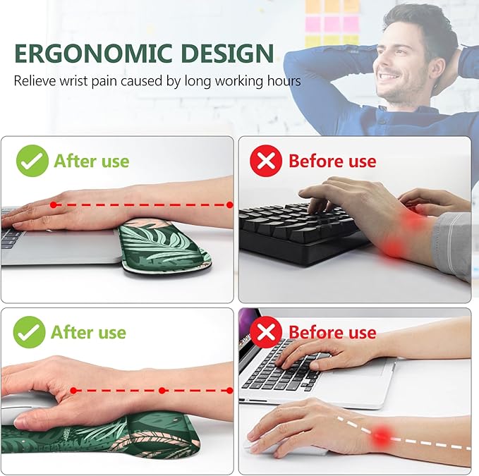 AIMSA Wrist Rest Support Mouse Pad Ergonomic, Memory Foam Keyboard Wrist Rest Set Non-Slip Easy Typing and Relieve Wrist Pain Mouse Mat for Computer Office - Pink Green Leaves