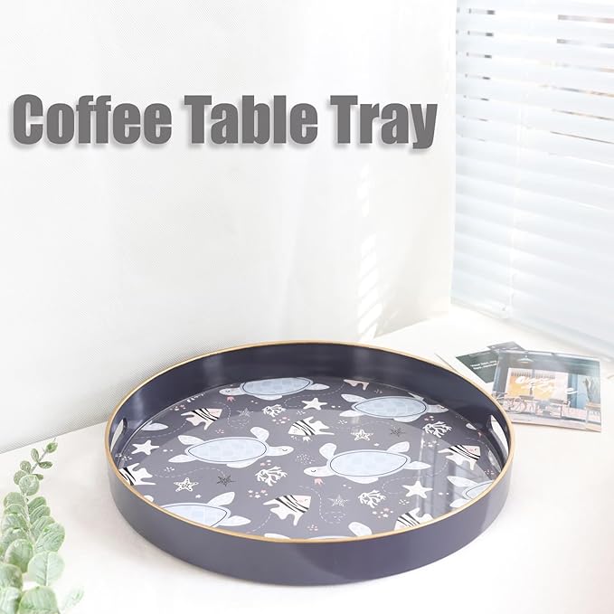Spsyrine Decorative Serving Tray with Handles, Lacquered Coffee Table Tray for Ottoman, Round Waterproof Platters for Centerpieces, Parties, Living Room, Kitchen Counter Organization Turtle