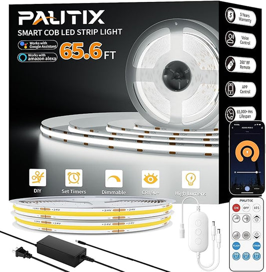 PAUTIX COB LED Strip Light 65.6ft/20m,Work with Alexa/Google Assistant,9600 LEDs Daylight White 6000K,CRI93+ Super Bright High Lumen,Dimmable 24V Flexible LED Light Strip,for Home&Office DIY Lighting