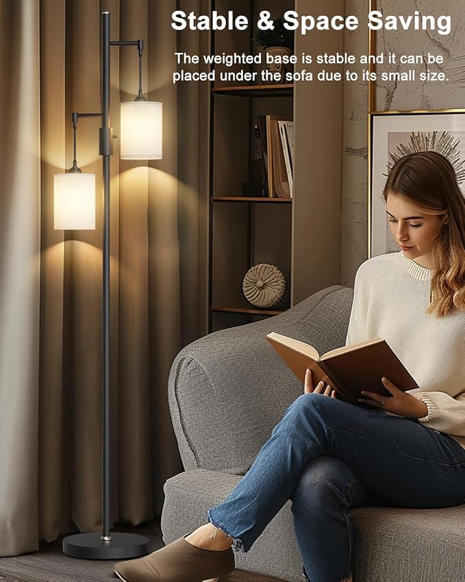 65IN Dimmable (Brightness Adjustable) Tree Floor Lamp, Mid Century Tall Standing Lamps with 2 E26 3000K LED Bulbs, Fabric Shades, Industrial Modern Floor Lamp for Living Room Bedroom