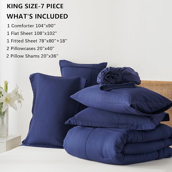 Yogeneg King Size Comforter Set 7 Piece Bed in a Bag,Grid Pinch Pleat Navy Blue Bedding Set,Striped Textured Soft Microfiber Comforter with Sheet Set,All Season Complete Bed Set(Navy Blue,King)