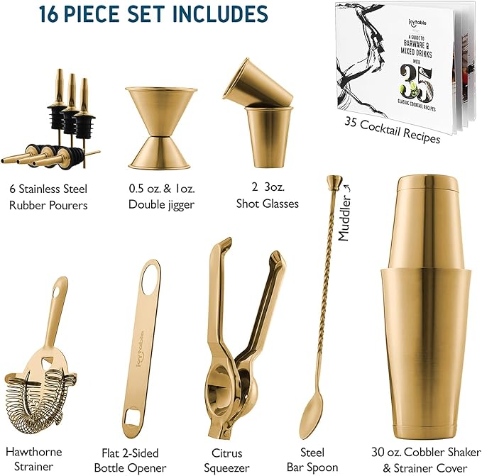 Bar Set Cocktail Shaker Set, Stainless Steel Mixology Bartender Kit, 16 Piece Cocktail Kit, Gold Cocktail Set, Bar Tools: 30oz Martini Shaker, Muddler, Bar Kit Cocktail Book, Jigger and Pourers