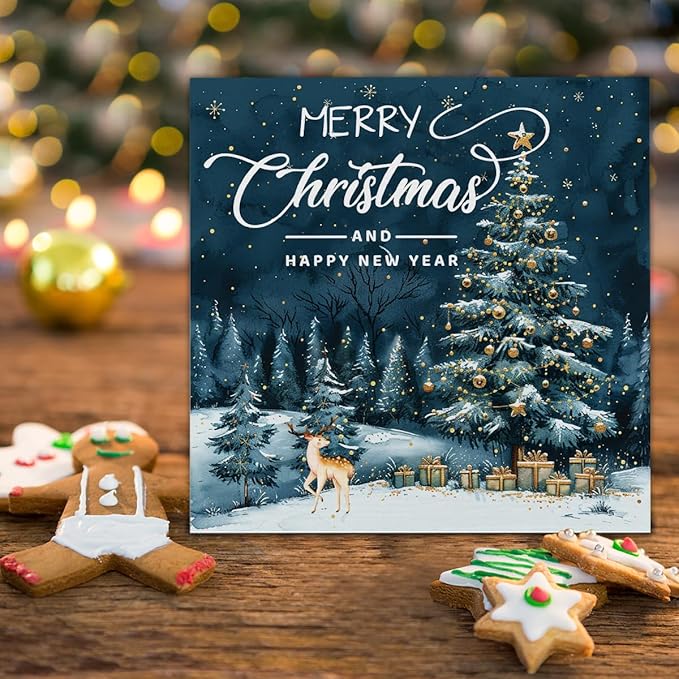 Christmas Signs, Merry Christmas Wooden Sign Deer Decor, Happy New Year Wooden Block Sign, Christmas Home Decor for Table Shelf 5 x 5 Inch