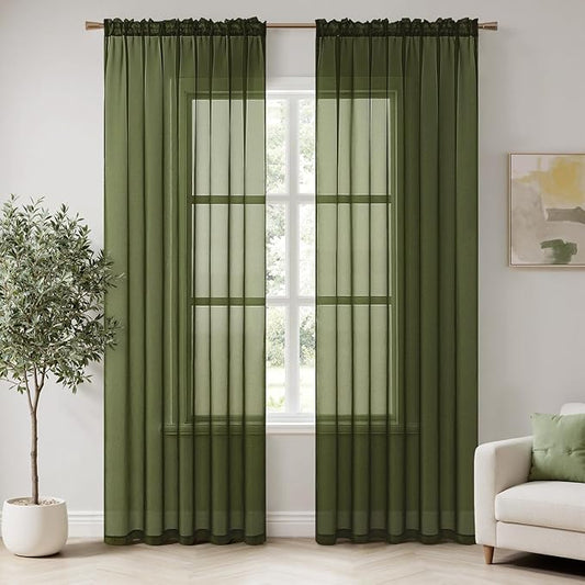 MIULEE 2 Panels Solid Color Sheer Window Curtains Elegant Window Voile Panels/Drapes/Treatment for Bedroom Living Room (54X63 Inches Olive Green)