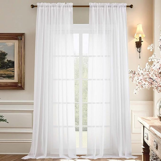 Aiyufeng Sheer White Curtains 120 Inches Long, Extra Long Rod Pocket Solid Color Window Sheer Curtain Panels, Elegant Curtains & Drapes for Living Room, Bedroom 2 Panels (White, 59" W x 120" L)