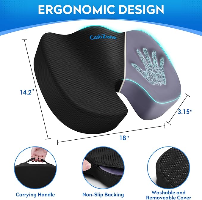 Seat Cushion for Office Chair, Car Seat, Airplane, Bleacher & Wheelchair, Ergonomic Memory Foam, Non-Slip Chair Pad, Office Desk Accessories for Back/Tailbone/Sciatica Pain Relief (Black)