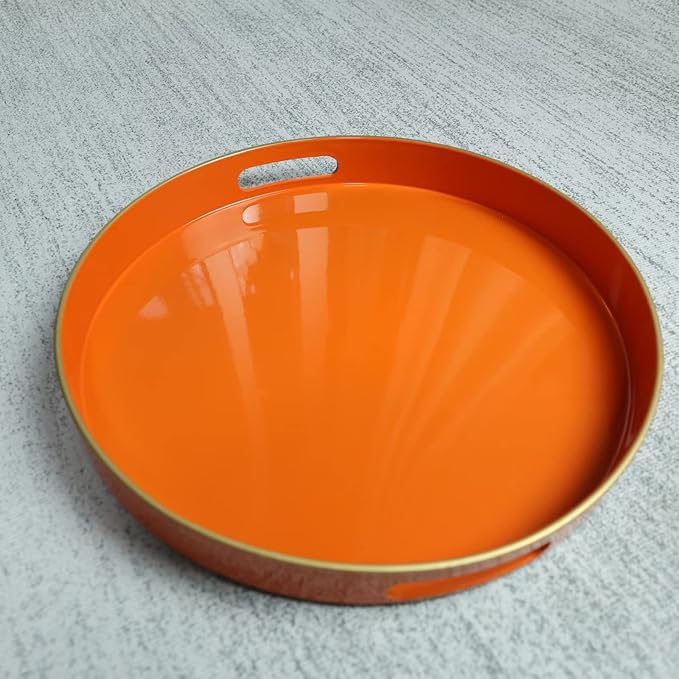 Spsyrine Round Orange Decorative Tray, 13" Plastic Serving Table Tray with Handles for Breakfast, Coffee Table, Bathroom, Kitchen, Living Room