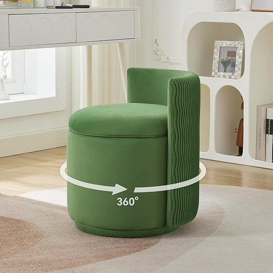 Velvet Vanity Chair with Storage, 360° Swivel Makeup Chair with Wave Back, No Assembly Small Accent Stool for Bedroom, Dressing, Living Room, Green